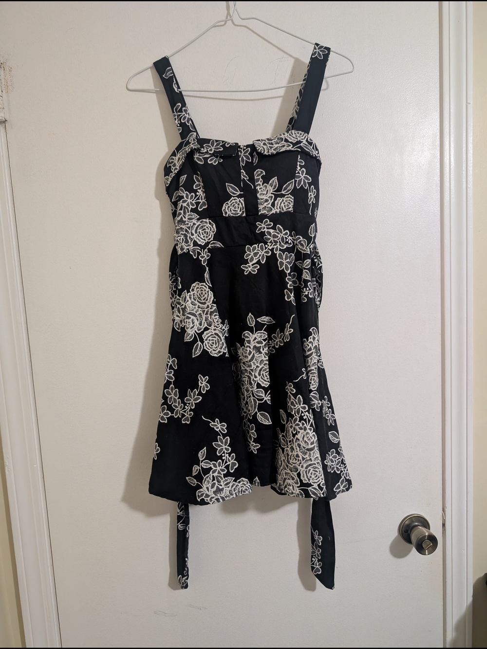 Floral Black Belted Mini Dress with White Rose Print